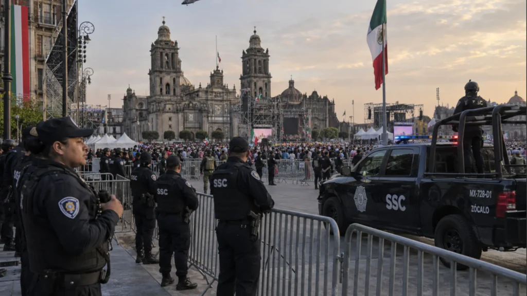 Policías de la SSC resguardan el Zócalo de la CDMX durante las celebraciones del Grito de Independencia y el Desfile Militar.