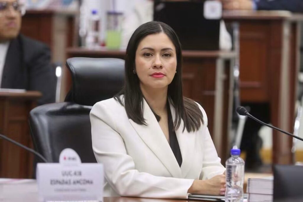 Blanca Yassahara Cruz García, nueva consejera presidenta provisional del INE, sentada en una mesa de trabajo con documentos y botellas de agua.